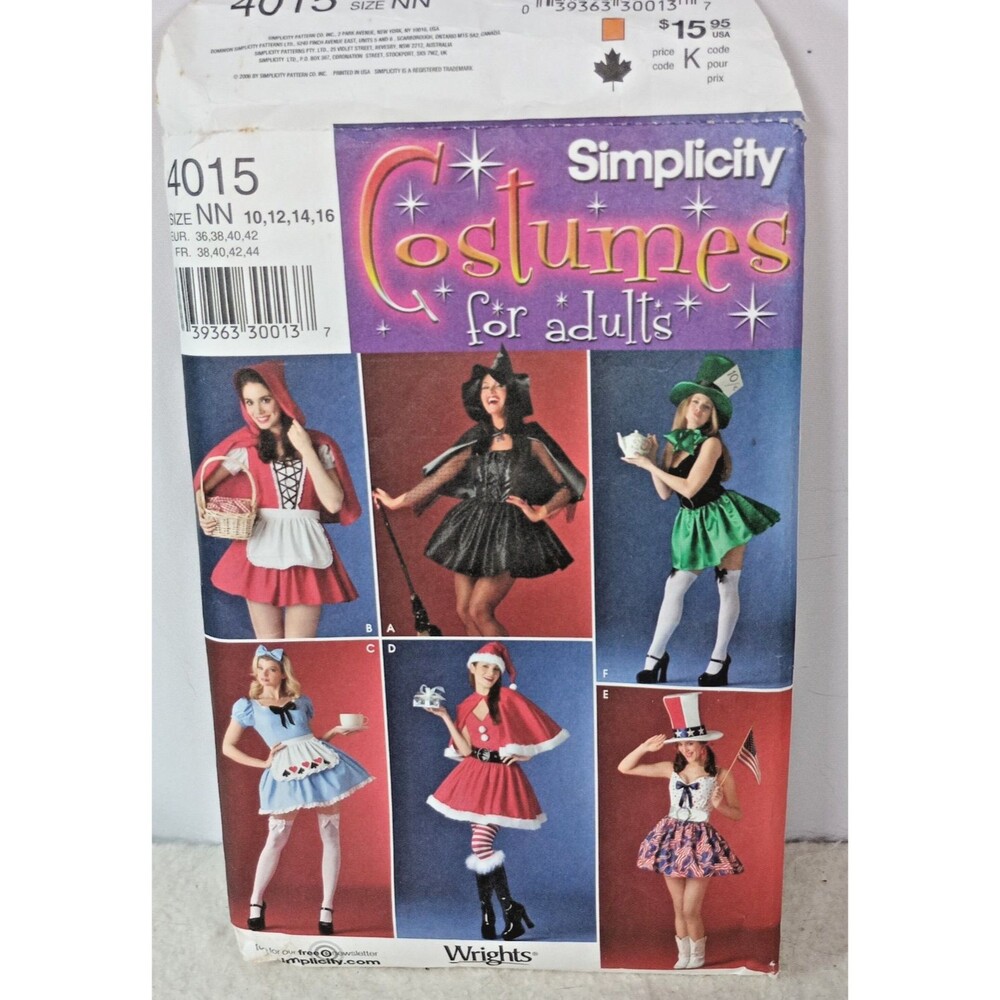 Simplicity 4015 Adult Costume Sewing Pattern Witch Alice Santa Complete Sz 10-16